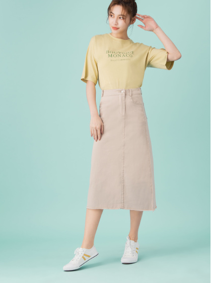 不收邊水洗鬆緊牛仔裙-卡其