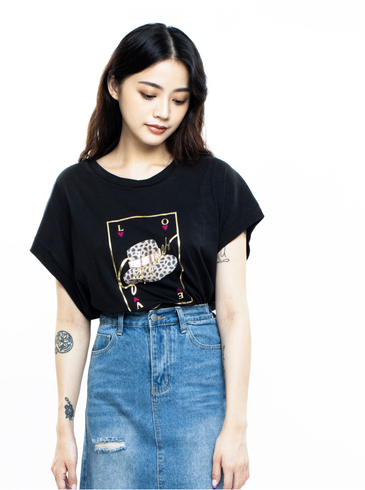 小香風豹紋燙金印花T-黑