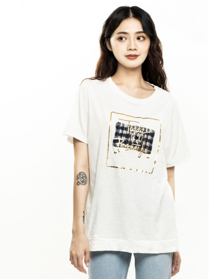 小香風美好日常燙金印花T-白