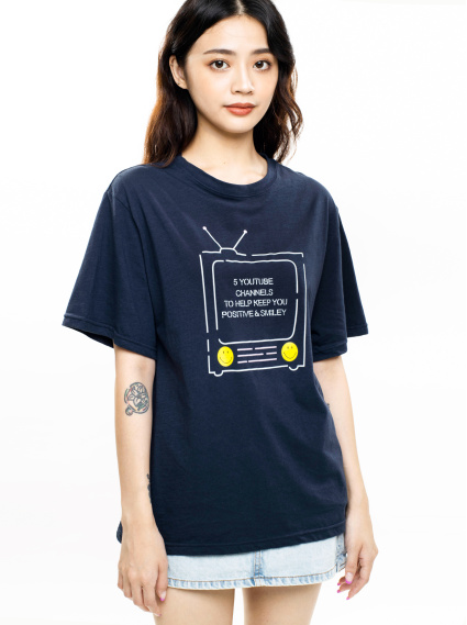 手繪TV印花T-深藍