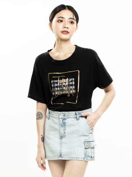 小香風美好日常燙金印花T-黑