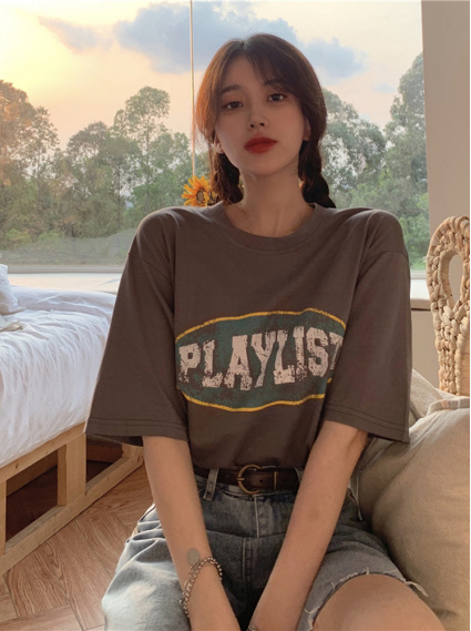 美式復古字母棉T-深灰