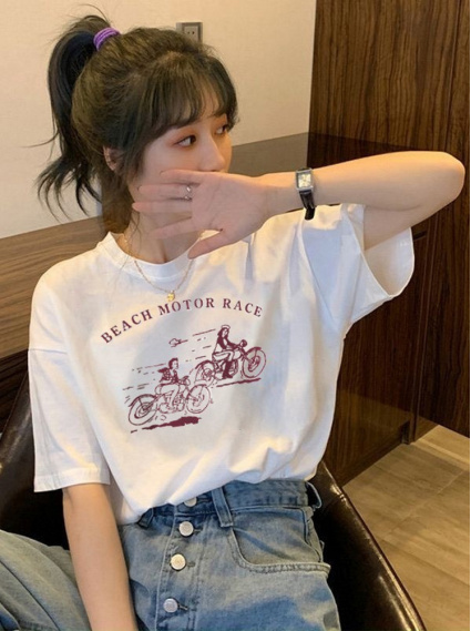 純棉美式復古印花T-白