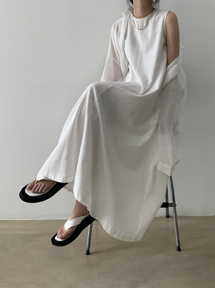 無袖寬鬆棉麻洋裝-白