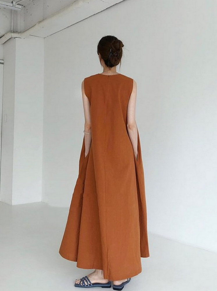 無袖寬鬆棉麻洋裝-深橘
