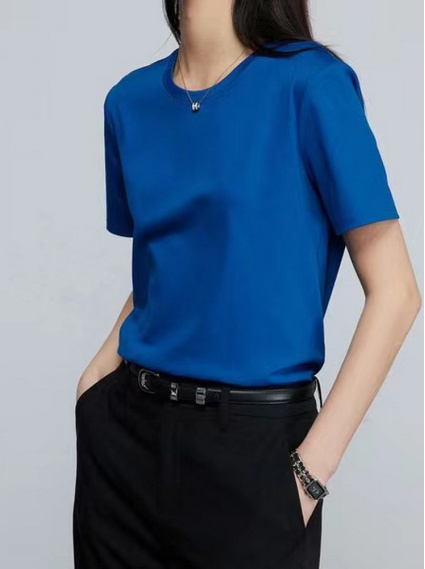 圓領桑蠶絲涼感T-寶藍