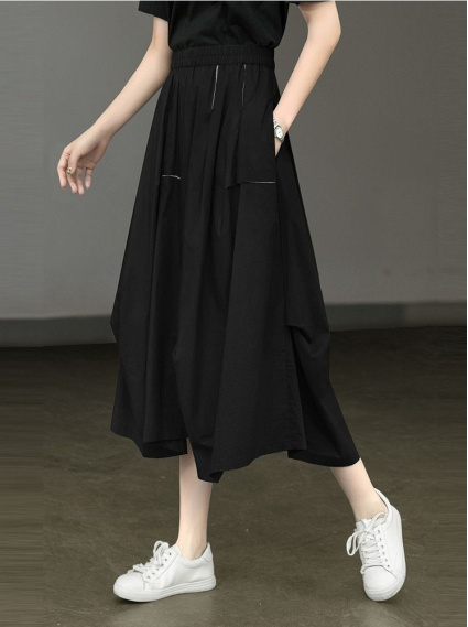 不規則垂墜純棉長裙-黑