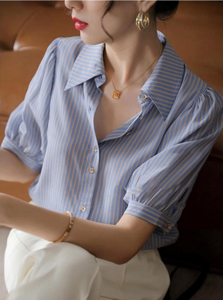 蝴蝶袖法式優雅襯衫-藍