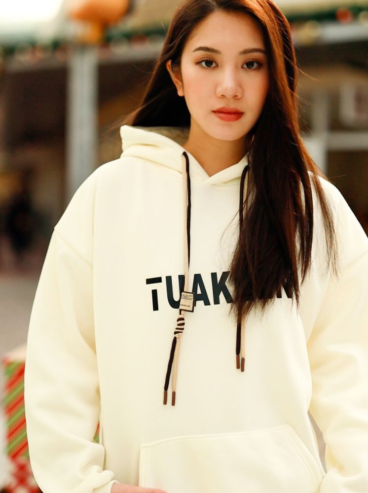 印花字母厚磅刷毛帽T-米白