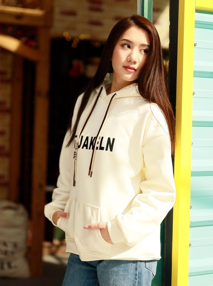 印花字母厚磅刷毛帽T-米白