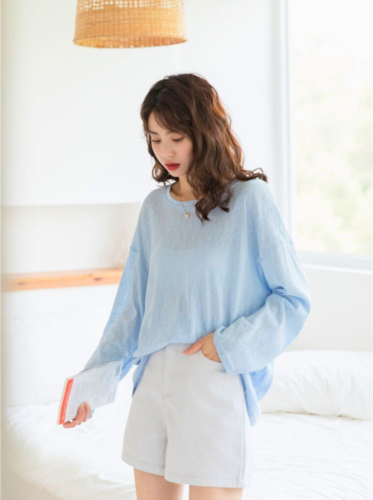 韓版寬鬆針織罩衫-淺藍 