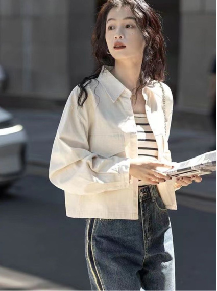 復古短版牛仔外套-杏