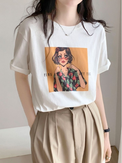 短髮女孩印花棉T-白