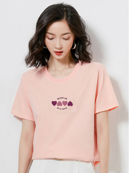 愛心圖案純棉印花T-粉