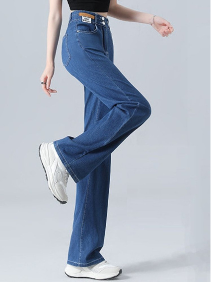 後鬆緊直筒褲-深藍