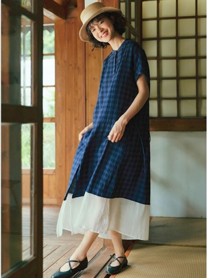 日系棉麻格紋長洋-深藍
