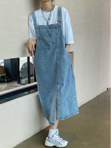 休閒牛仔吊帶洋裝-藍